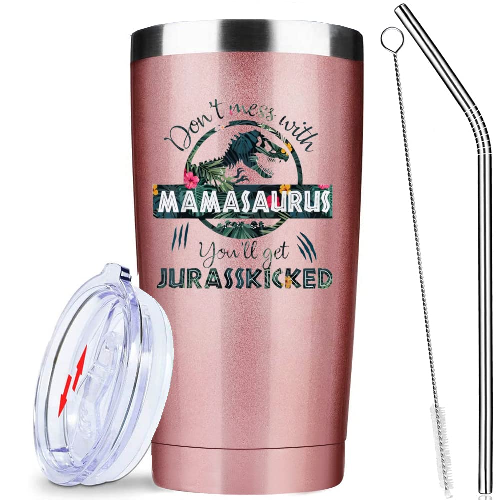 ATHAND Mom Birthday Gifts - Mothers Day Gifts For Mom From Daughter, Son, Husband, Kids - New Mom Cup Tumbler - Funny MAMASAURUS Iced Coffee Mug Insulated Tumbler Cups with Lid Straw (Rose Gold)