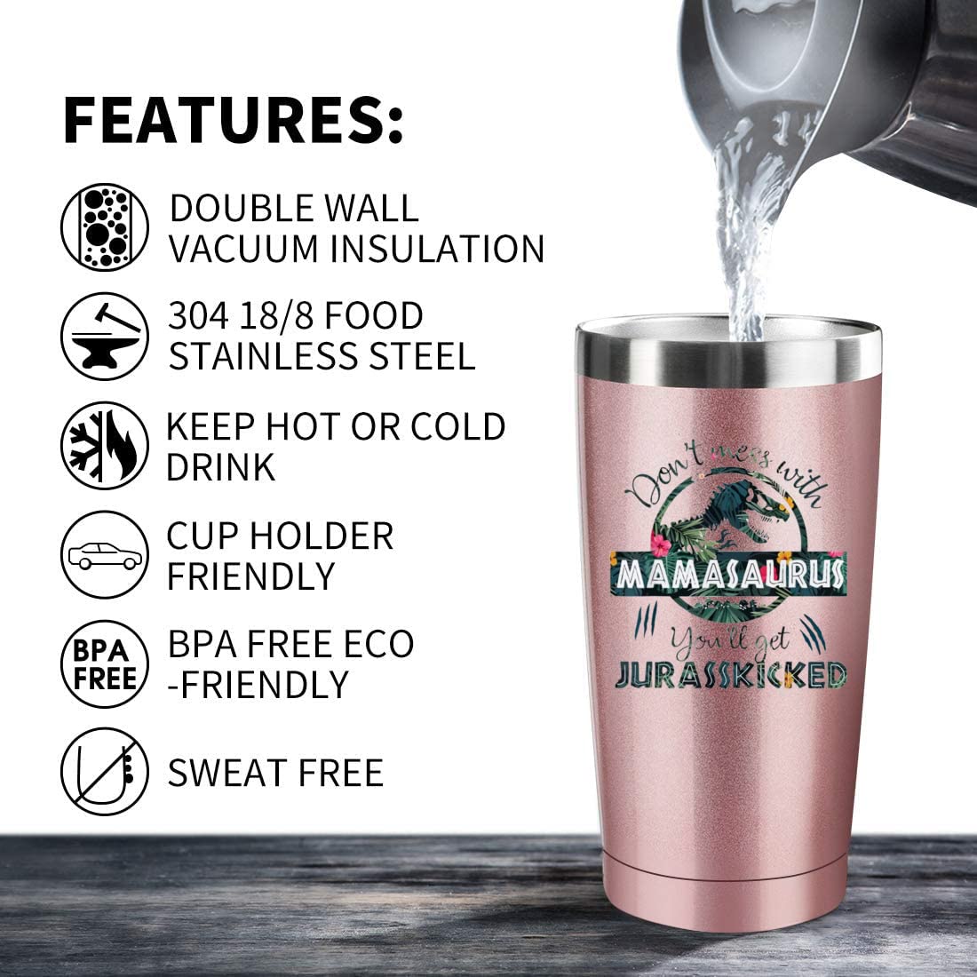 ATHAND Mom Birthday Gifts - Mothers Day Gifts For Mom From Daughter, Son, Husband, Kids - New Mom Cup Tumbler - Funny MAMASAURUS Iced Coffee Mug Insulated Tumbler Cups with Lid Straw (Rose Gold)