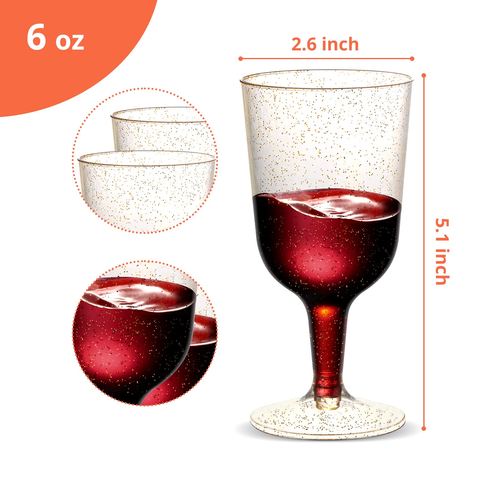 TENYASEN 30 Pack Elegant Plastic Wine Glasses for Parties, 6 Oz Gold Glitter Plastic Wine Glasses Disposable, Plastic Wine Cups for Wedding & Birthdays