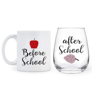 before school, after school 11oz coffee mug and 15oz wine glass set for teachers, professors, mentor, teaching assistant - funny idea for teacher's day, teacher appreciation, birthday