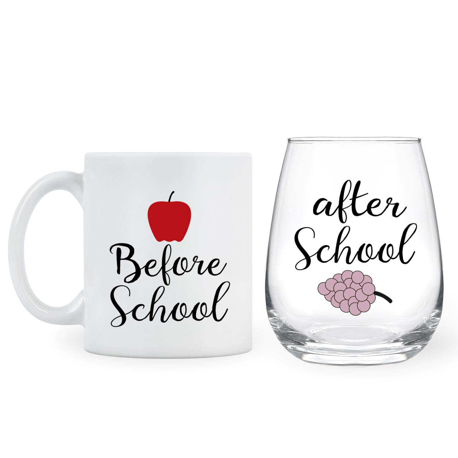 Before School, After School 11Oz Coffee Mug and 15Oz Wine Glass Set for Teachers, Professors, Mentor, Teaching Assistant - Funny Idea for Teacher's Day, Teacher Appreciation, Birthday