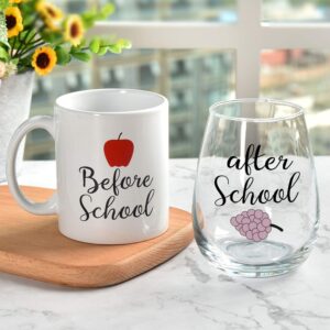 Before School, After School 11Oz Coffee Mug and 15Oz Wine Glass Set for Teachers, Professors, Mentor, Teaching Assistant - Funny Idea for Teacher's Day, Teacher Appreciation, Birthday