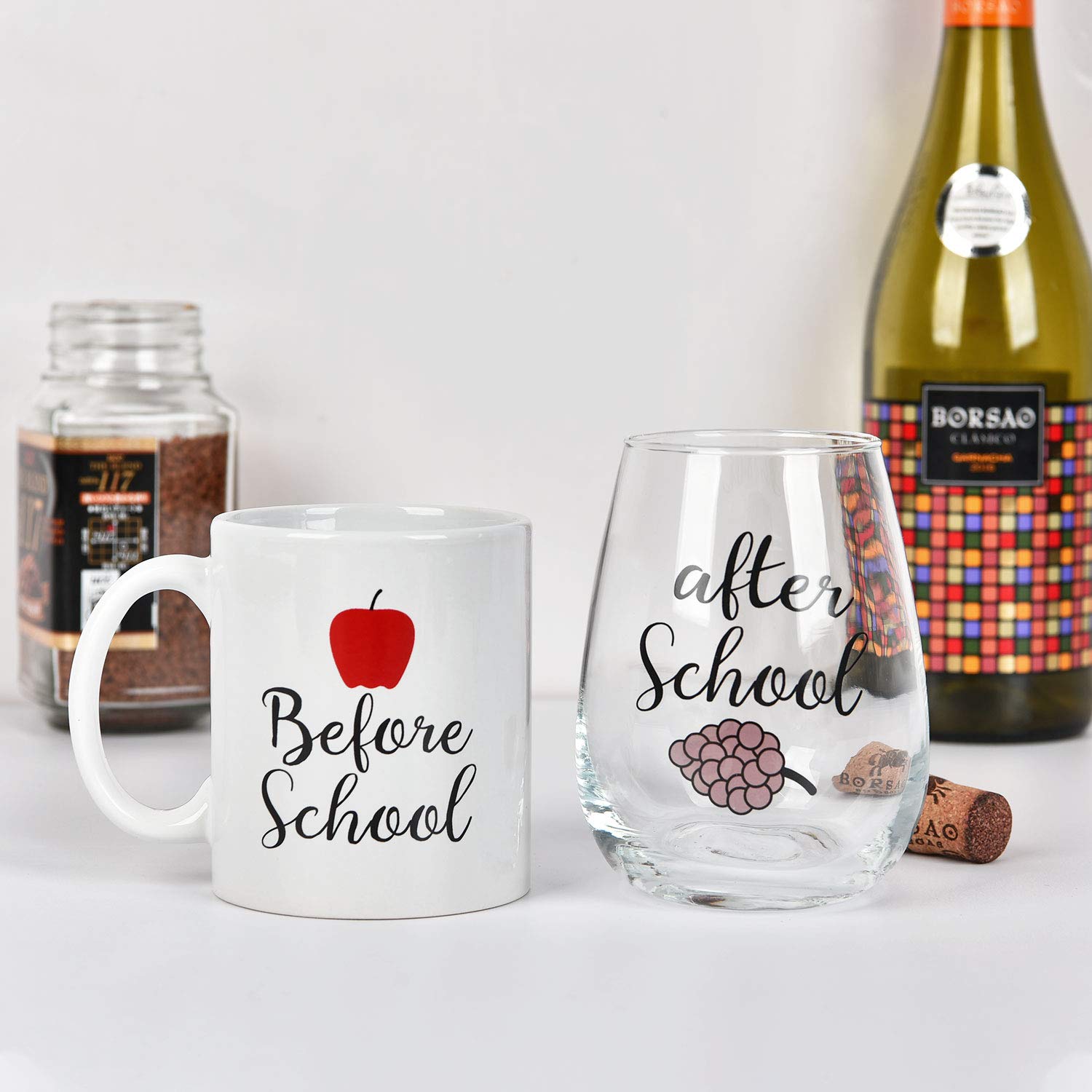 Before School, After School 11Oz Coffee Mug and 15Oz Wine Glass Set for Teachers, Professors, Mentor, Teaching Assistant - Funny Idea for Teacher's Day, Teacher Appreciation, Birthday