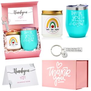 little mindings end of year teacher gifts | teachers appreciation gift sets | teacher gift set for women: 12oz tumbler, thank you candle, keychain, thank you teacher card