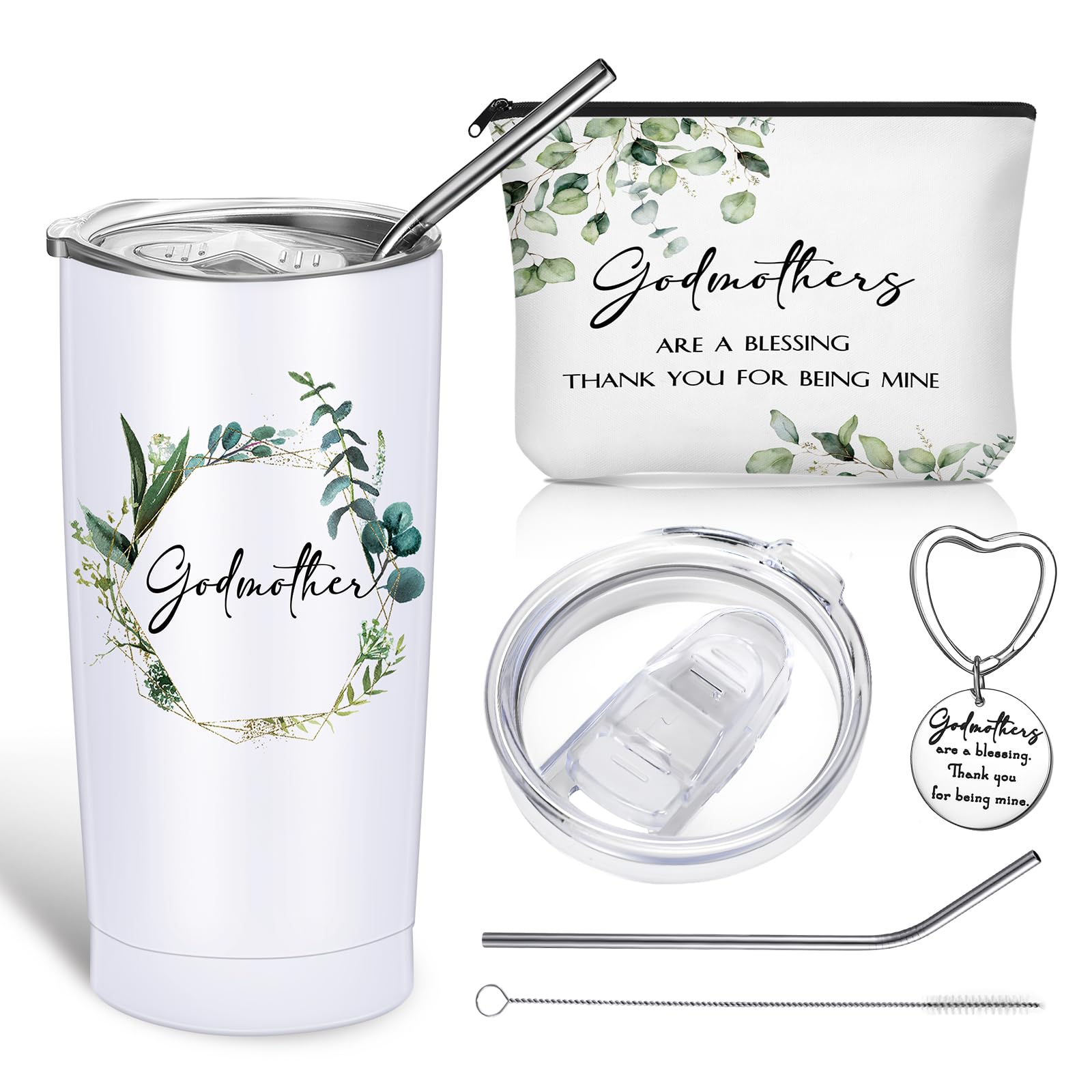 Sieral 3 Pcs Godmother Proposal Gift Sets Including Godmother Travel Tumbler with Lid Straw and Godmother Makeup Bag and Keychain from Godchild for Mother's Day Holiday Birthday Appreciation Gifts