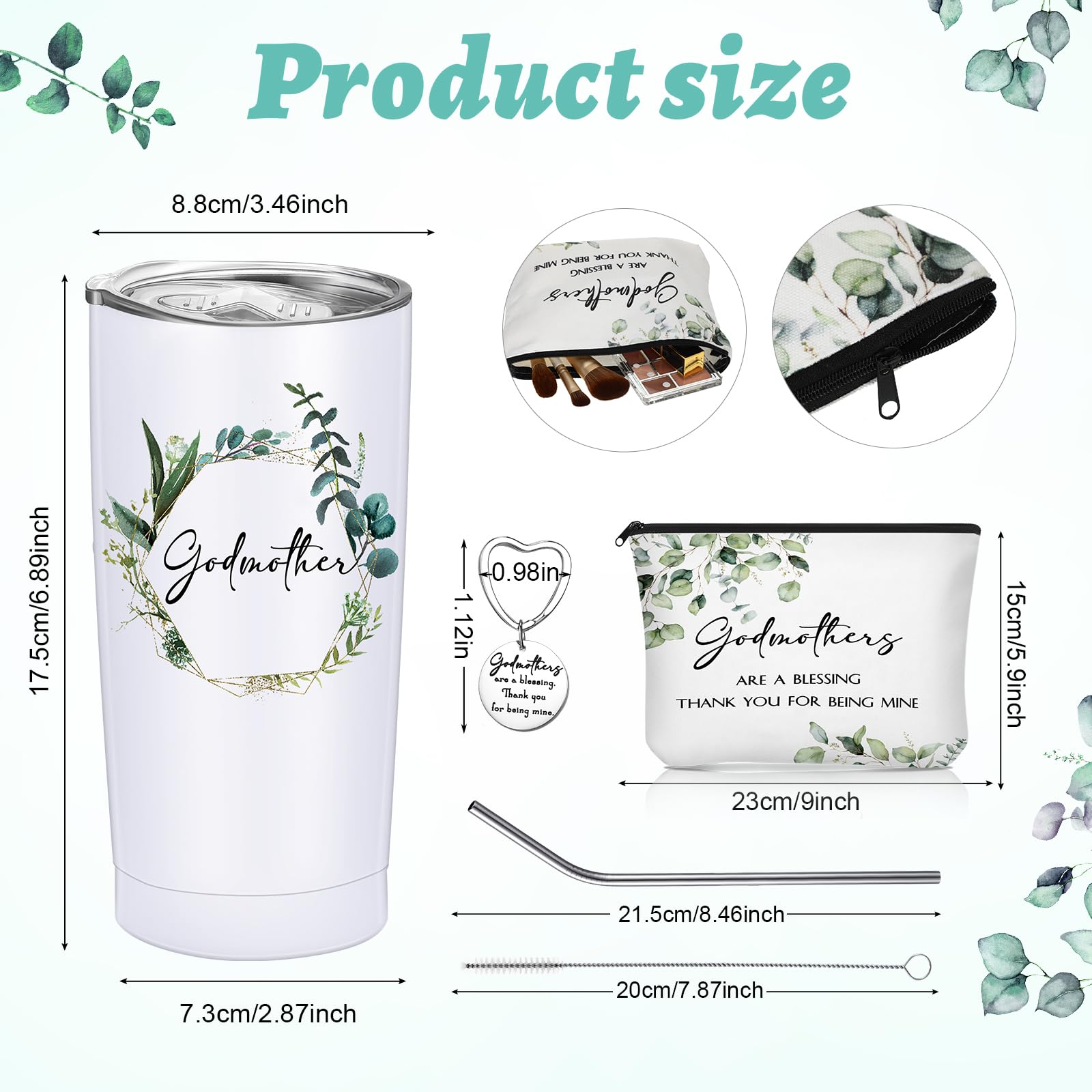 Sieral 3 Pcs Godmother Proposal Gift Sets Including Godmother Travel Tumbler with Lid Straw and Godmother Makeup Bag and Keychain from Godchild for Mother's Day Holiday Birthday Appreciation Gifts