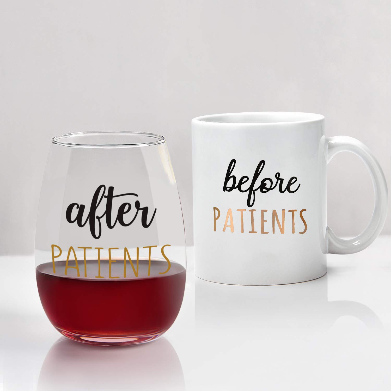 Gtmileo Before Patients, After Patients 11 oz Coffee Mug and 15 oz Stemless Wine Glass Set for Nurse, Doctor, Dentist, Dental, Physician, Hygienist