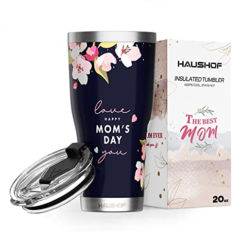 HAUSHOF Mothers Day Tumbler, Mothers Day Gifts for Mom from Daughter, Son, Husband, Birthday Gifts for Mom, 20oz Stainless Steel and Double Wall Insulated Tumbler with Lid-Dark Blue Happy Mom's Day