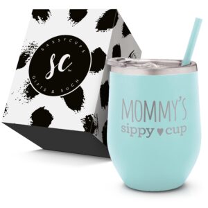 sassycups mommy's sippy cup wine tumbler | engraved stainless steel stemless wine glass tumbler with lid and straw for new mom | mommy tumbler | mom to be | soon to be mom (12 ounce, mint)