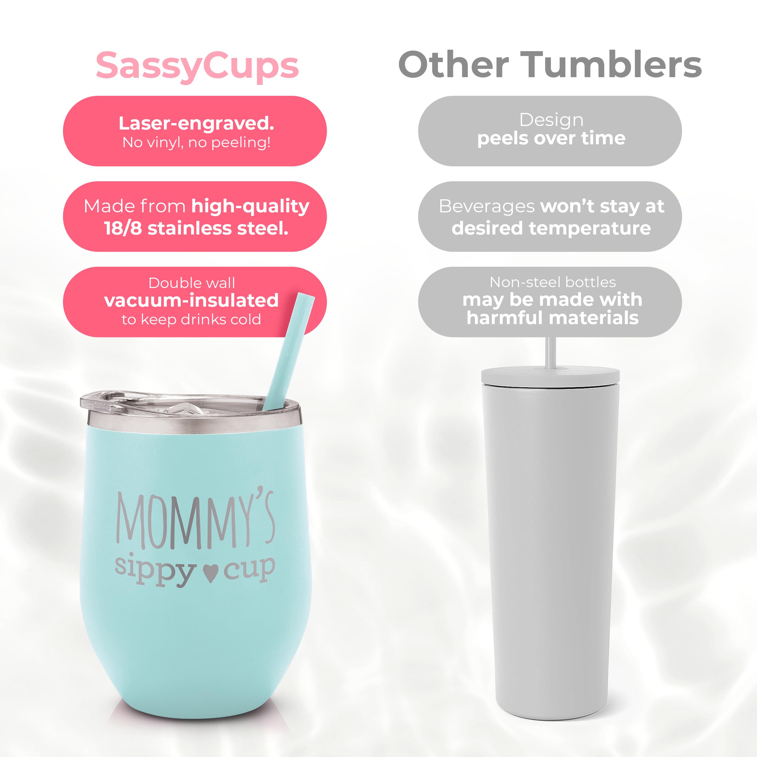 SassyCups Mommy's Sippy Cup Wine Tumbler | Engraved Stainless Steel Stemless Wine Glass Tumbler with Lid and Straw For New Mom | Mommy Tumbler | Mom to Be | Soon to Be Mom (12 Ounce, Mint)