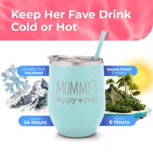 SassyCups Mommy's Sippy Cup Wine Tumbler | Engraved Stainless Steel Stemless Wine Glass Tumbler with Lid and Straw For New Mom | Mommy Tumbler | Mom to Be | Soon to Be Mom (12 Ounce, Mint)