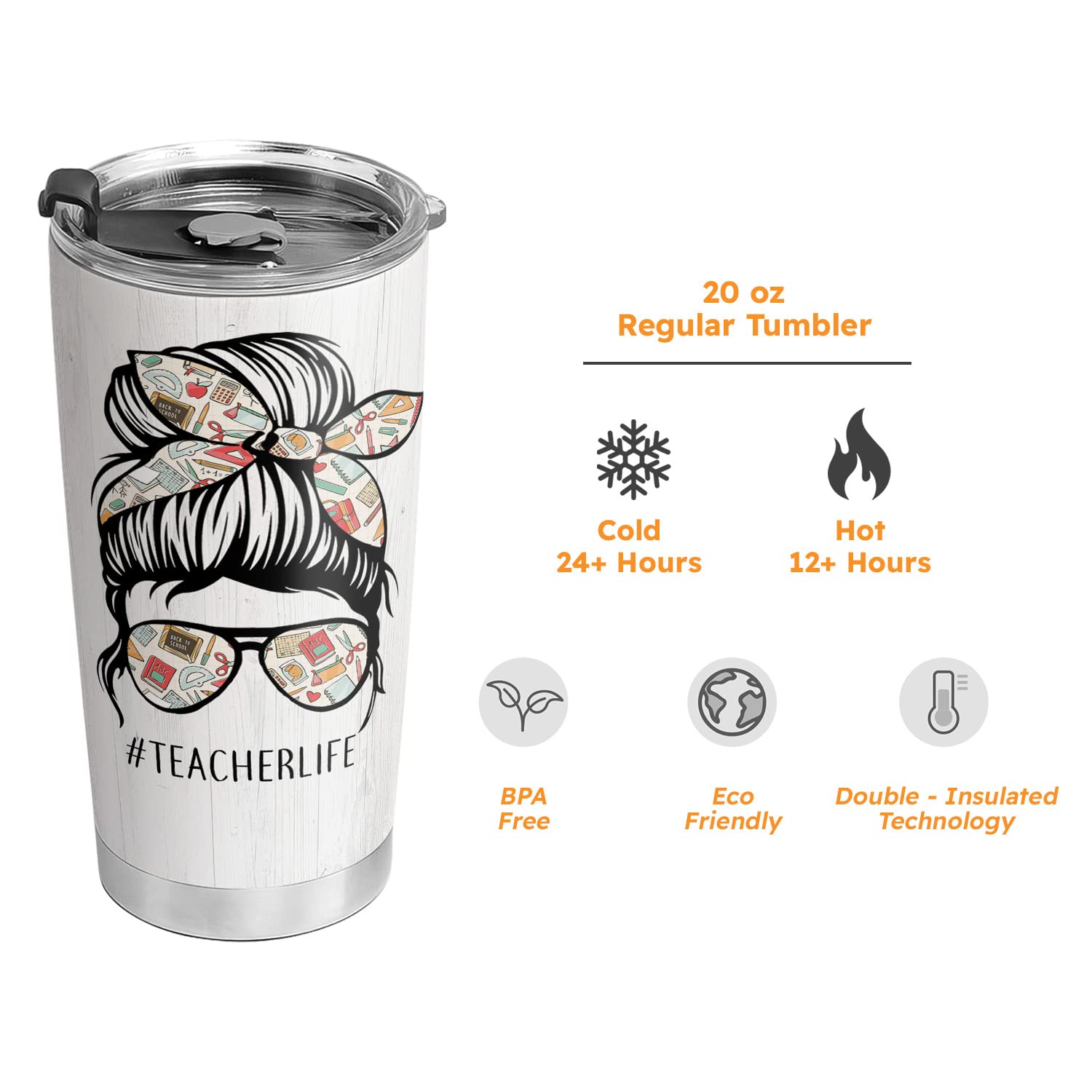 64HYDRO 20oz Teacher Gifts for Women, Gifts for Teacher, Teacher Appreciation Gifts, Valentines Day Gifts for Her, Teacher Life Teacher Facts Tumbler Cup, Insulated Travel Coffee Mug with Lid