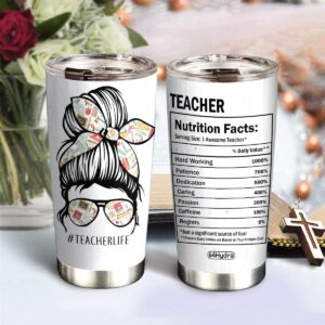 64HYDRO 20oz Teacher Gifts for Women, Gifts for Teacher, Teacher Appreciation Gifts, Valentines Day Gifts for Her, Teacher Life Teacher Facts Tumbler Cup, Insulated Travel Coffee Mug with Lid