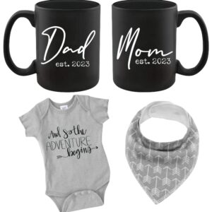 Pregnancy Gift Est 2023 - New Mommy and Daddy Est 2023 11 oz Black Mug Set with "And So The Adventure Begin" Romper (0-3 Months) - Top Mom and Dad Gift Set for New and Expecting Parents to Be