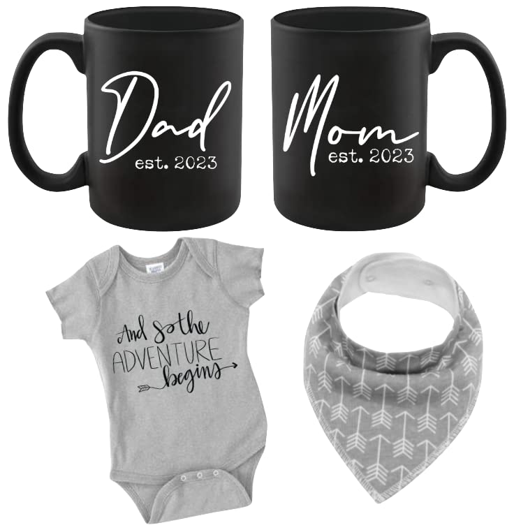 Pregnancy Gift Est 2023 - New Mommy and Daddy Est 2023 11 oz Black Mug Set with "And So The Adventure Begin" Romper (0-3 Months) - Top Mom and Dad Gift Set for New and Expecting Parents to Be