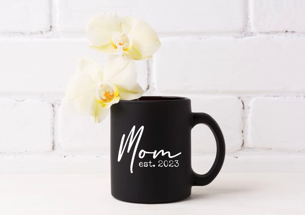 Pregnancy Gift Est 2023 - New Mommy and Daddy Est 2023 11 oz Black Mug Set with "And So The Adventure Begin" Romper (0-3 Months) - Top Mom and Dad Gift Set for New and Expecting Parents to Be