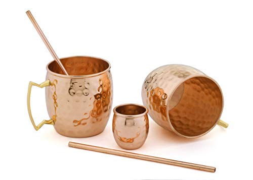ARTISANS VILLAGE Moscow Mule Mugs | Set of 2 | 100% Pure Copper Solid Mugs | Gold Brass Handles | Size 16 oz | BONUS: Premium Straws and Shot Glass