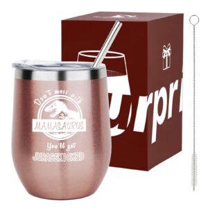 Mamasaurus Tumbler Don't Mess with Mamasaurus You'll Get Jurasskicked Tumbler Birthday Mothers Day Christmas Gifts for Mom from Daughter Son Mom Wine Tumbler Mom Gifts 12Ounce with Lid Straw Gift Box