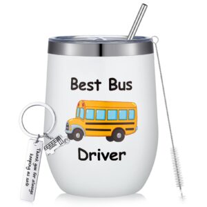 Rtteri 2 Pcs Bus Driver Appreciation Gifts School Bus Driver Gifts for Women Men Bus Driver Keychain Stainless Steel Bus Driver Tumbler Cup 12oz with Lid and Straw for Back to School Present (Cute)