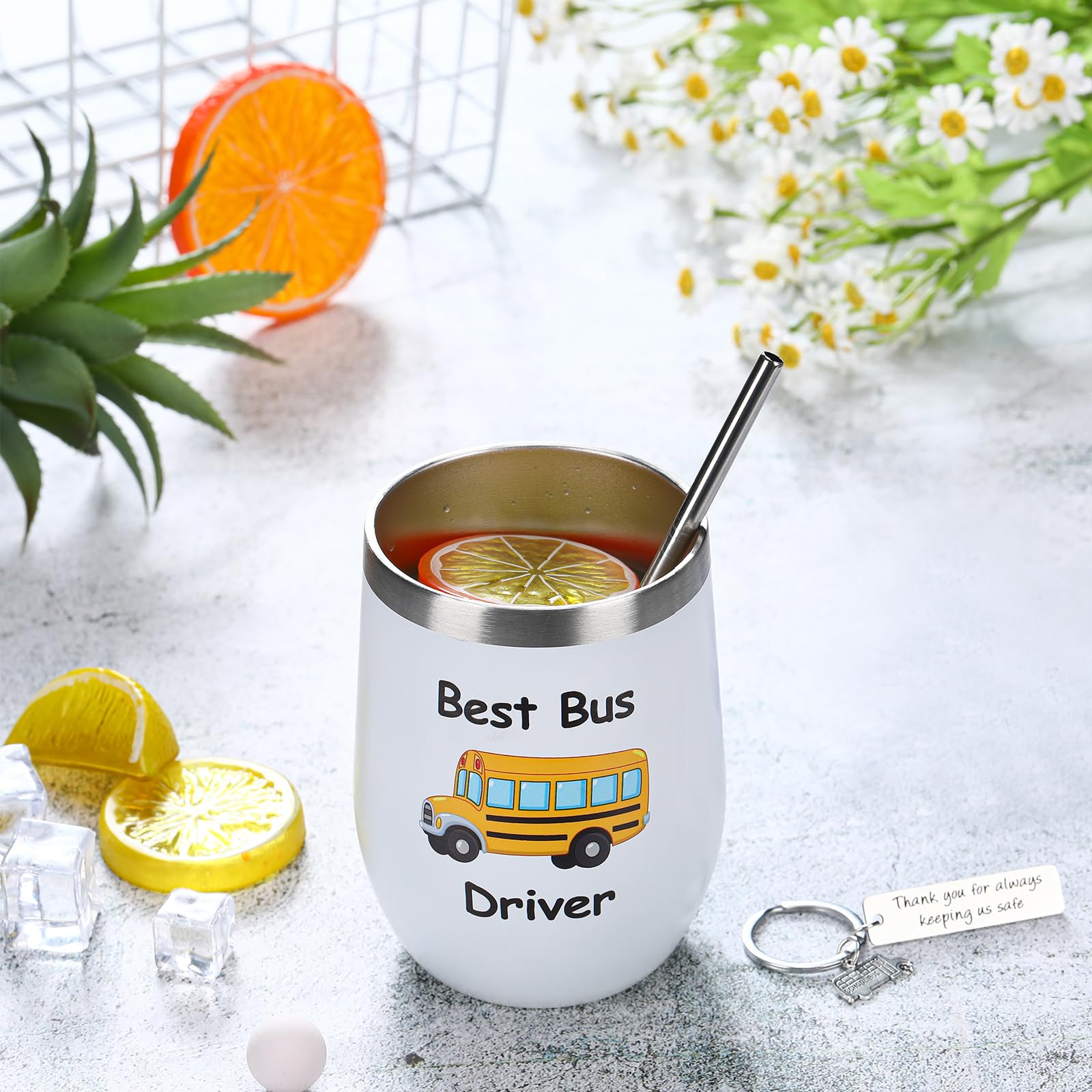 Rtteri 2 Pcs Bus Driver Appreciation Gifts School Bus Driver Gifts for Women Men Bus Driver Keychain Stainless Steel Bus Driver Tumbler Cup 12oz with Lid and Straw for Back to School Present (Cute)