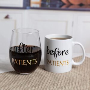 PUGED Before Patients After Patients Gift Set 11 oz Coffee Mug and 18 oz Stemless Wine Glass with Gift Package for Dentist Nurses Day Graduation Gifts