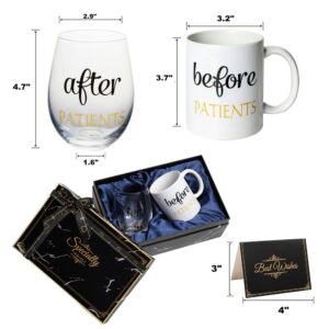 PUGED Before Patients After Patients Gift Set 11 oz Coffee Mug and 18 oz Stemless Wine Glass with Gift Package for Dentist Nurses Day Graduation Gifts