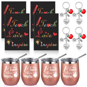 12 Pcs Teacher Appreciation Week Gifts in Bulk for Women, Teach Love Inspire Tumbler Set 12 oz Wine Cup with Mini Journal Notepads Keychains Teachers Day Gifts Graduation Retirement Gifts(Rose Gold)