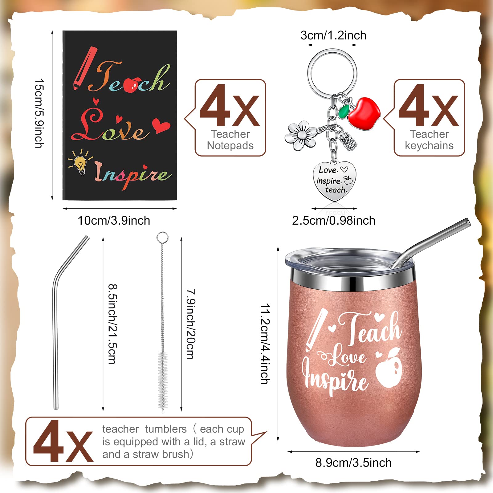 12 Pcs Teacher Appreciation Week Gifts in Bulk for Women, Teach Love Inspire Tumbler Set 12 oz Wine Cup with Mini Journal Notepads Keychains Teachers Day Gifts Graduation Retirement Gifts(Rose Gold)