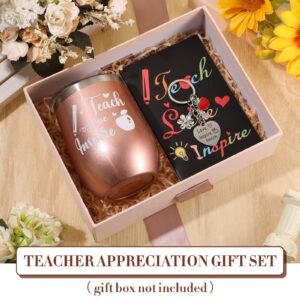 12 Pcs Teacher Appreciation Week Gifts in Bulk for Women, Teach Love Inspire Tumbler Set 12 oz Wine Cup with Mini Journal Notepads Keychains Teachers Day Gifts Graduation Retirement Gifts(Rose Gold)