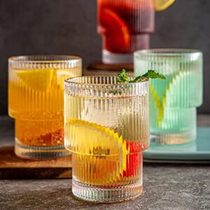 Claplante Drinking Glasses, Origami Style 8 pcs Glass Cups with straw, 4 Highball Glasses & 4 Rocks Glasses, Elegant Ripple Vintage Glassware, Iced Coffee Glasses, Ideal for Cocktail, Whiskey, Juice