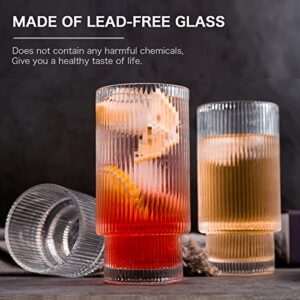 Claplante Drinking Glasses, Origami Style 8 pcs Glass Cups with straw, 4 Highball Glasses & 4 Rocks Glasses, Elegant Ripple Vintage Glassware, Iced Coffee Glasses, Ideal for Cocktail, Whiskey, Juice