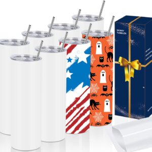 Tswofia 8 Pack Straight Sublimation Tumblers Set 30 Oz Skinny, Stainless Steel Skinny Sublimation Tumbler Blank With Shrink Wrap Film Lid Straw Set,Individually Boxed, Not Tapered