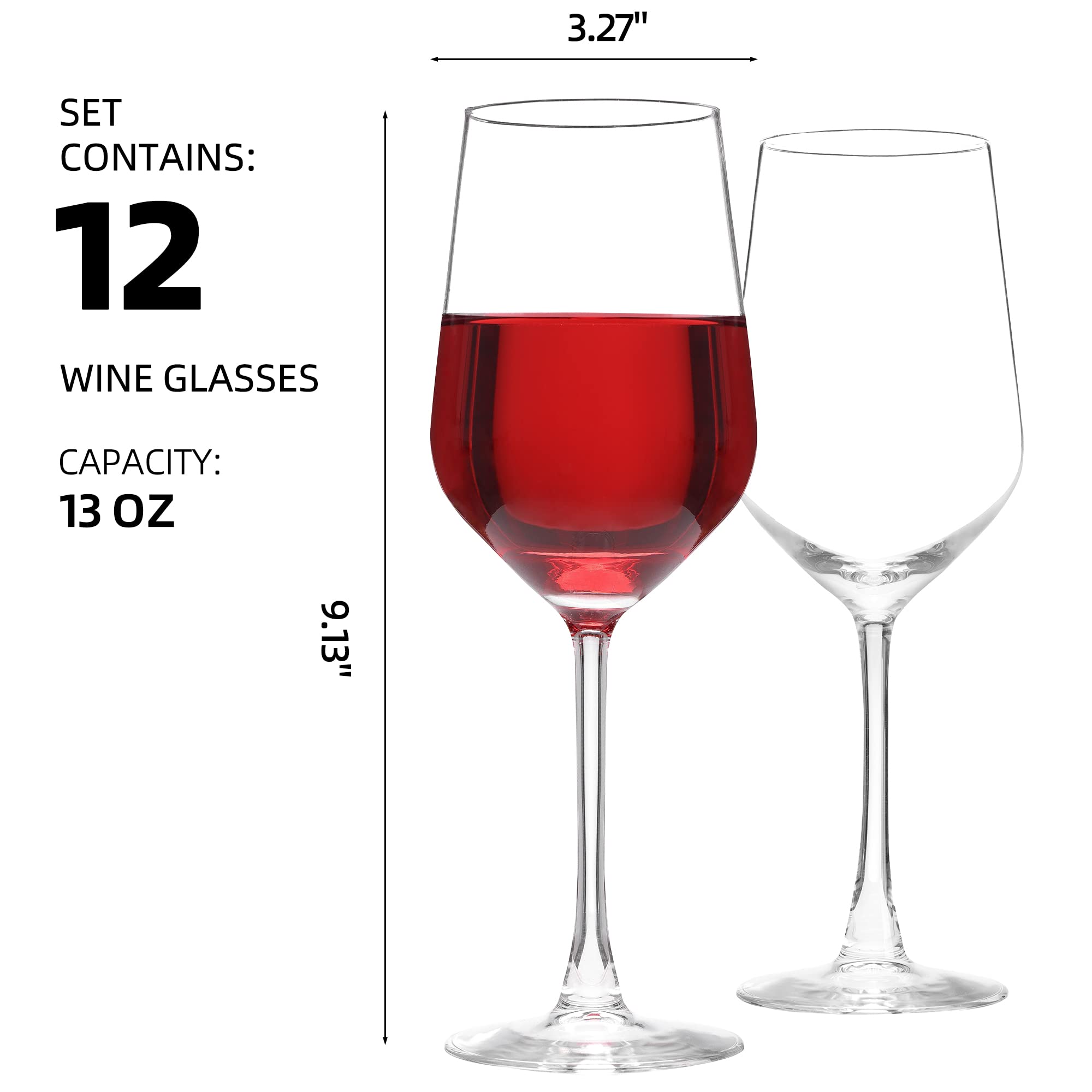 HAKEEMI Wine Glasses Set of 12, 13 oz Laser Cut Rim Wine Glass, Long Stem, Thin Rim, Classy Crystal-Clear