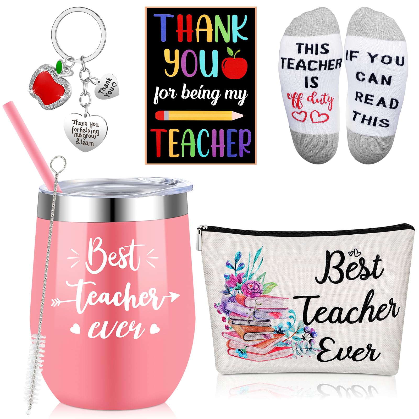 Newtay Teacher Appreciation Gifts Thank You Teacher Gifts Basket,12 oz Wine Tumbler Best Teacher Makeup Pouch Bag Keychains Teacher Socks for Teacher Appreciation Supplies (Best Teacher)