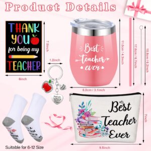 Newtay Teacher Appreciation Gifts Thank You Teacher Gifts Basket,12 oz Wine Tumbler Best Teacher Makeup Pouch Bag Keychains Teacher Socks for Teacher Appreciation Supplies (Best Teacher)