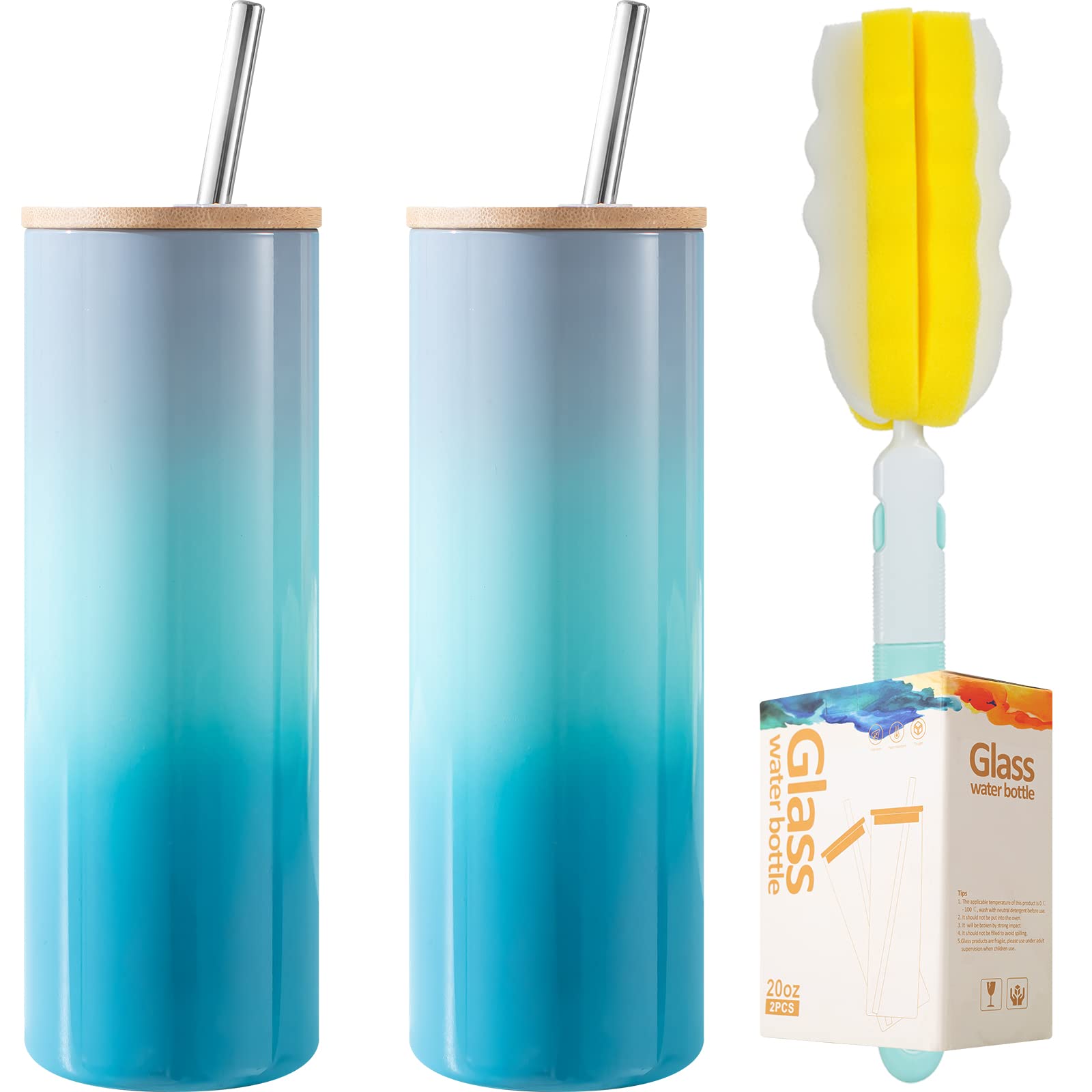 GoldArea 2 Pack Glass Cups with Bamboo Lids and Straws, 20 oz Drinking Glasses, Glass Tumbler Cup, Glass Water Bottles, Iced Coffee Tumbler, Water Tumbler, A Cleaning Brush Included