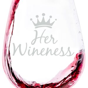 Funny Wine Glass for Women - Her Wineness Queen Wine Glass - Best Birthday Gifts for Women, Mom, Wife, Her - Unique Bday Present Ideas from Husband, Son, Daughter - Fun Wine Gift for Friends