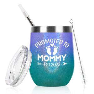 gingprous new mom gifts, promoted to mommy est 2023, mothers day gifts for new mom to be first time mom new mother mommy pregnancy baby shower, 12oz insulated stainless steel wine tumbler, rose gold