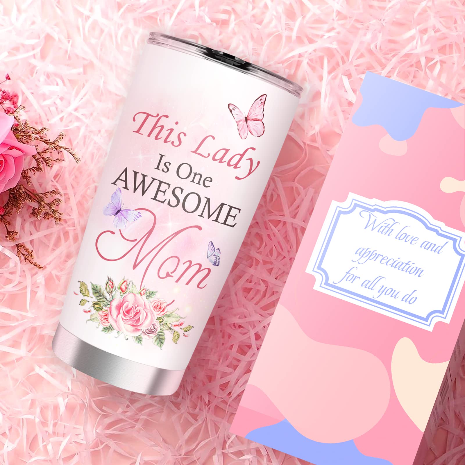 WNNNS Gifts for Mom - 20oz Pink Butterfly Gifts Stainless Steel Tumbler-Mother's Day Gifts for Mom From Daughter Son- Personalized Butterfly Cup Gifts Insulated Travel Coffee Mug with Lid.