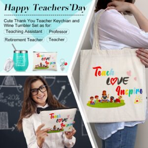 Hillban 4 Pcs Teacher Appreciation Gift Set Including Teacher Keychain Makeup Cosmetic Bag Teacher Tote Bag 12oz Stainless Steel Tumbler for Women Christmas Birthday Valentine's Day (Classic Style)