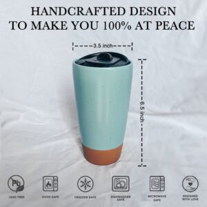 Mora Double Wall Ceramic Coffee Travel Mug with Lid, 14 oz, Portable, Microwave, Dishwasher Safe, Insulated Reusable Tall Cup, Splash Resistant Lid - To Go Tumbler for Car Cup Holder, Seafoam
