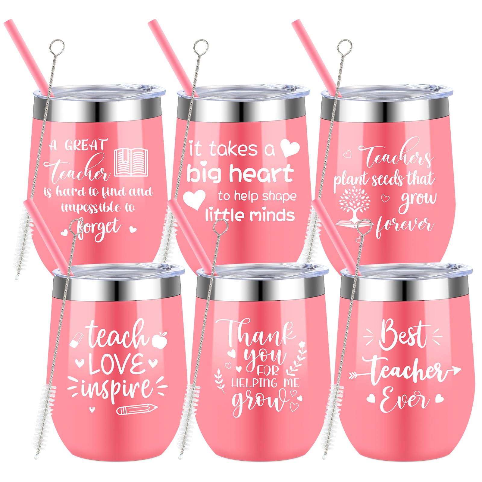 6 Pcs Christmas Teacher Appreciation Gifts Thank You Teacher Gifts for Women Stainless Steel Teacher Tumbler with Straw and Lid 12 oz Insulated Teacher Mug Birthday Gifts for Teacher(Pink)