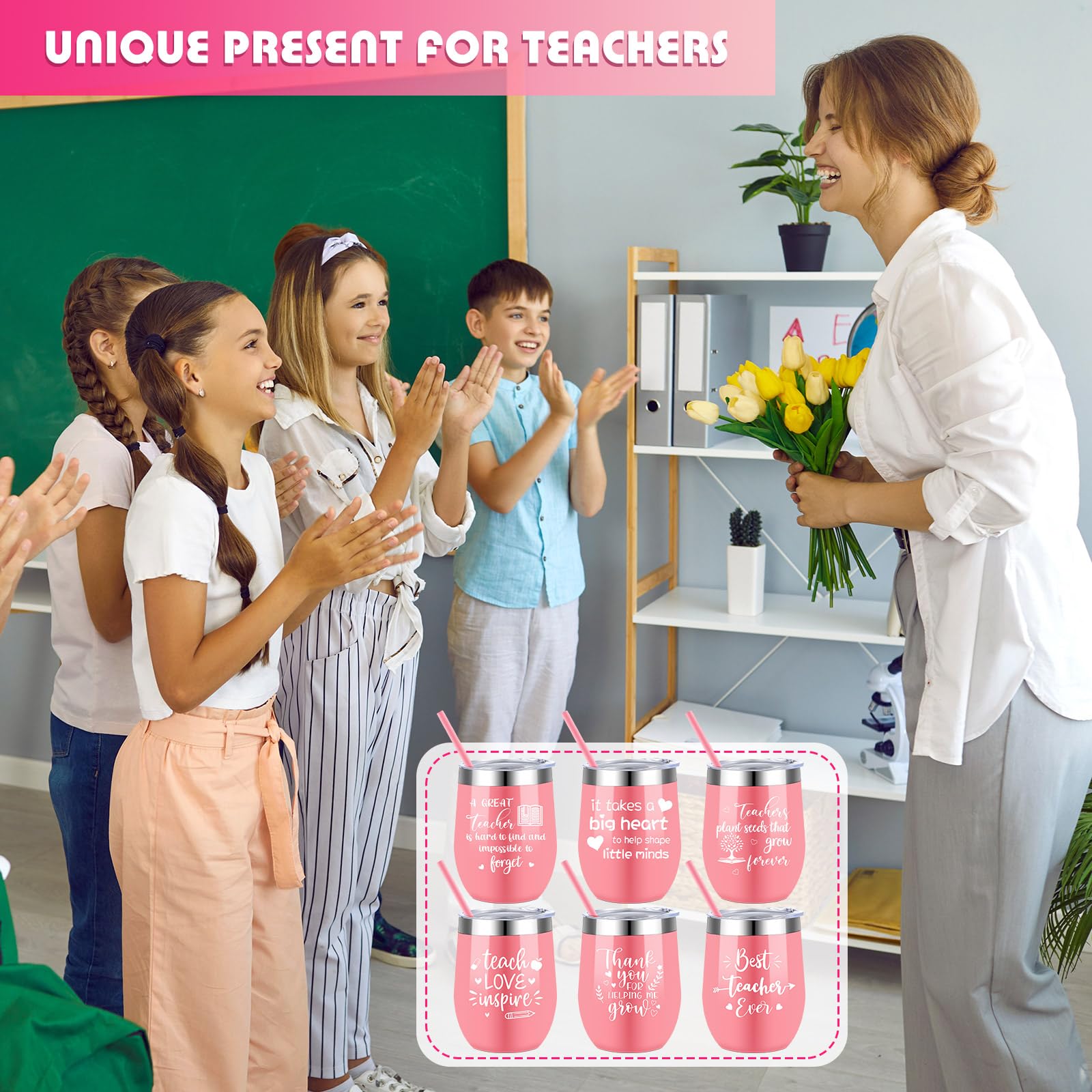6 Pcs Christmas Teacher Appreciation Gifts Thank You Teacher Gifts for Women Stainless Steel Teacher Tumbler with Straw and Lid 12 oz Insulated Teacher Mug Birthday Gifts for Teacher(Pink)