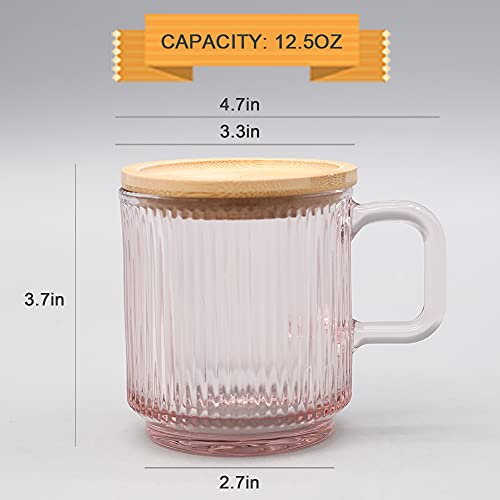 Lysenn Pink Glass Coffee Mug with Lid - Premium Classical Vertical Stripes Glass Tea Cup - for |Latte|Tea|Chocolate|Juice|Water| - Unleaded - Bamboo Lid - 12.5 Ounces