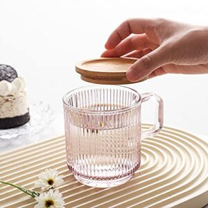 Lysenn Pink Glass Coffee Mug with Lid - Premium Classical Vertical Stripes Glass Tea Cup - for |Latte|Tea|Chocolate|Juice|Water| - Unleaded - Bamboo Lid - 12.5 Ounces