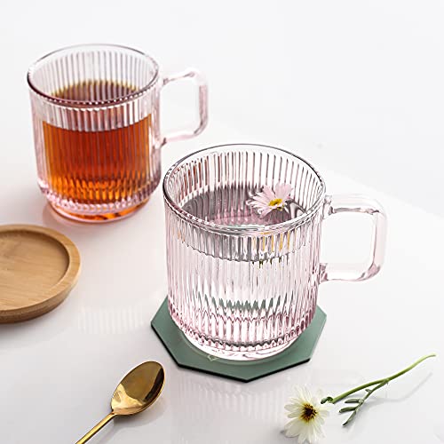 Lysenn Pink Glass Coffee Mug with Lid - Premium Classical Vertical Stripes Glass Tea Cup - for |Latte|Tea|Chocolate|Juice|Water| - Unleaded - Bamboo Lid - 12.5 Ounces