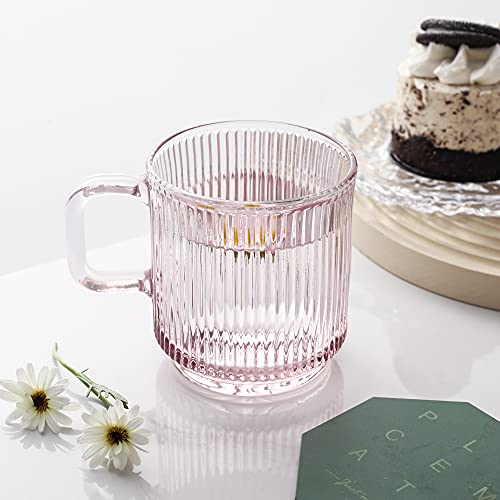 Lysenn Pink Glass Coffee Mug with Lid - Premium Classical Vertical Stripes Glass Tea Cup - for |Latte|Tea|Chocolate|Juice|Water| - Unleaded - Bamboo Lid - 12.5 Ounces