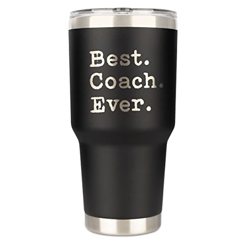 JENVIO Coach Gifts | Best Coach Ever | Stainless Steel Laser Etched Travel Tumbler Coffee Mug with 2 Lids and 2 Straws | Basketball Volleyball Wrestling Swimming Christmas (30 Ounce Black)