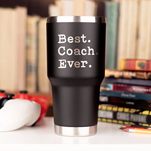 JENVIO Coach Gifts | Best Coach Ever | Stainless Steel Laser Etched Travel Tumbler Coffee Mug with 2 Lids and 2 Straws | Basketball Volleyball Wrestling Swimming Christmas (30 Ounce Black)