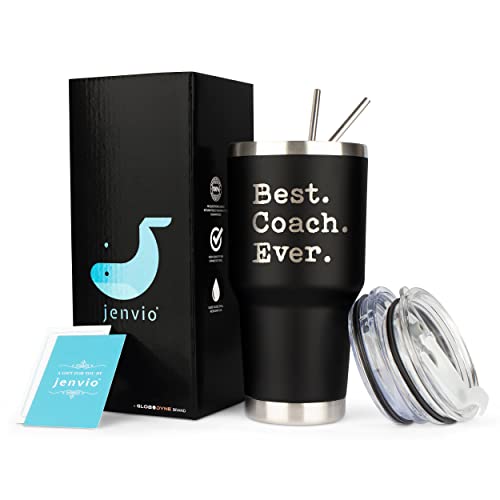 JENVIO Coach Gifts | Best Coach Ever | Stainless Steel Laser Etched Travel Tumbler Coffee Mug with 2 Lids and 2 Straws | Basketball Volleyball Wrestling Swimming Christmas (30 Ounce Black)